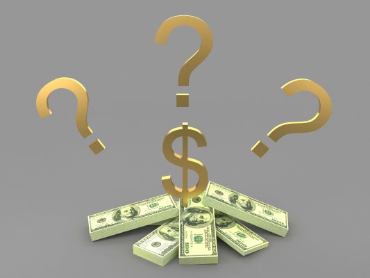 truthfinder background check service price cost golden question marks and dollar sign over dollar bills gray background